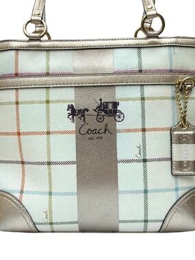 Coach Heritage Tattersall Tote 13032 - Cream Plaid Gold Trim Shoulder Bag Y2K